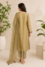 Olive Green Embroidered Straight Kurta Set with Organza Dupatta - Image 3