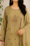 Olive Green Embroidered Straight Kurta Set with Organza Dupatta - Image 2