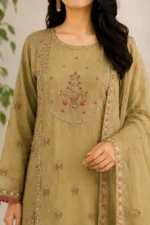 Olive Green Embroidered Straight Kurta Set with Organza Dupatta - Image 2