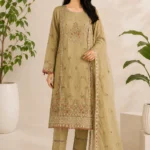 Olive Green Embroidered Straight Kurta Set with Organza Dupatta