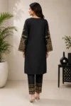 Black Embroidered Straight Kurta Set with Organza Dupatta - Image 2