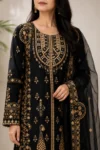 Black Embroidered Straight Kurta Set with Organza Dupatta - Image 3