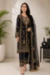 Black Embroidered Straight Kurta Set with Organza Dupatta