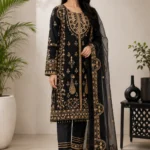 Black Embroidered Straight Kurta Set with Organza Dupatta