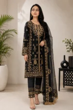 Black Embroidered Straight Kurta Set with Organza Dupatta