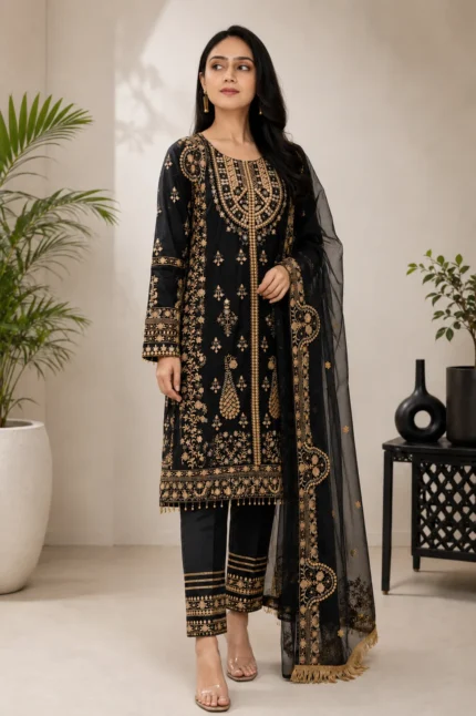 Black Embroidered Straight Kurta Set with Organza Dupatta
