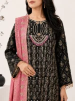Black Printed Straight Kurta Set with Pink Printed Dupatta - Image 2