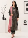 Black Printed Straight Kurta Set with Pink Printed Dupatta