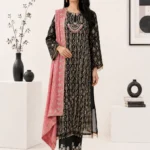 Black Printed Straight Kurta Set with Pink Printed Dupatta