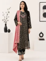 Black Printed Straight Kurta Set with Pink Printed Dupatta