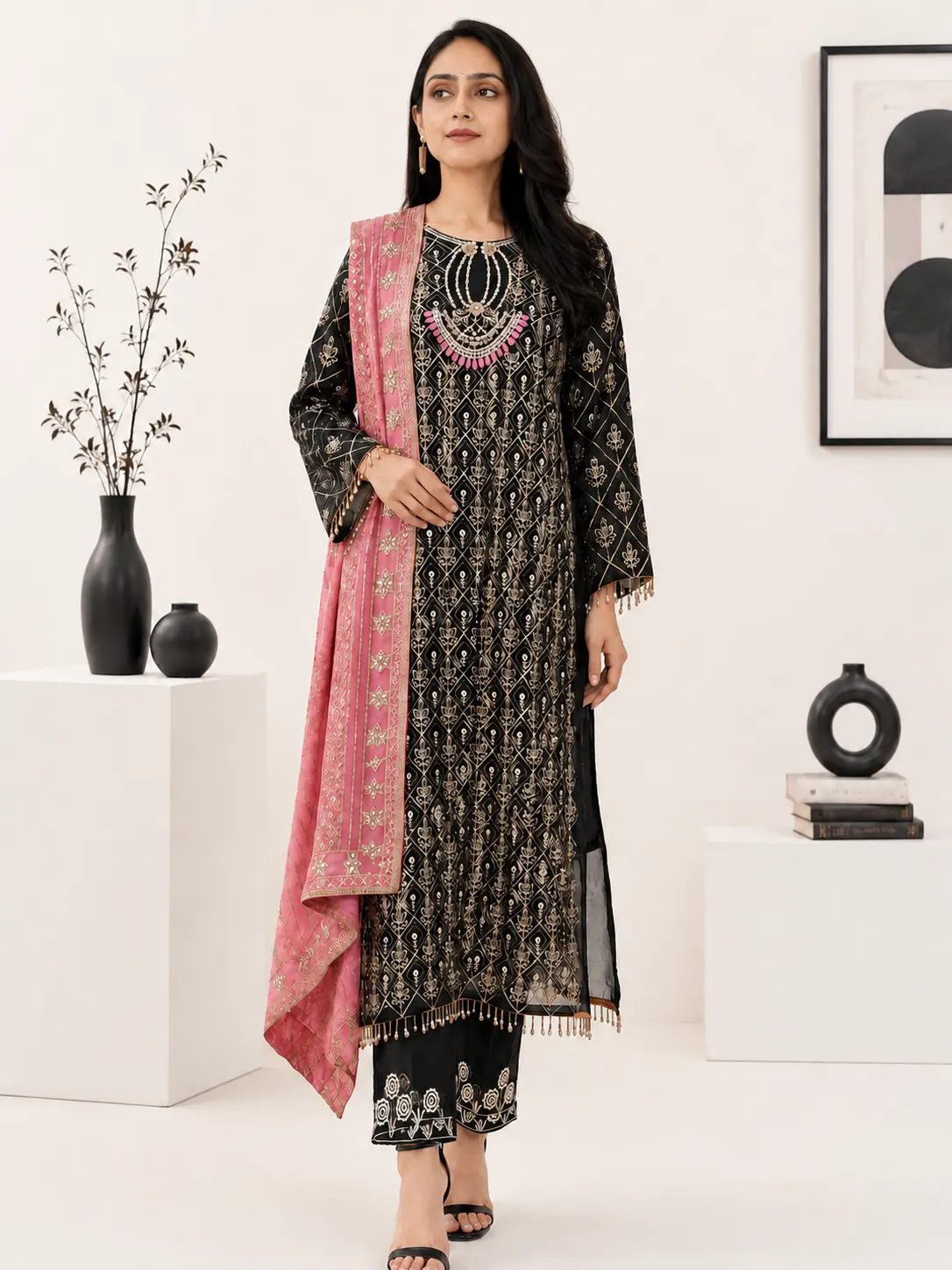 ZUN013_Front Black Printed Straight Kurta Set with Pink Printed Dupatta - Image 1
