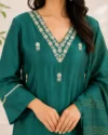 Teal Green Embroidered Straight Kurta Set with Woven Dupatta - Image 4