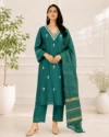 Teal Green Embroidered Straight Kurta Set with Woven Dupatta
