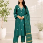 Teal Green Embroidered Straight Kurta Set with Woven Dupatta