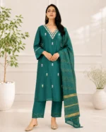 Teal Green Embroidered Straight Kurta Set with Woven Dupatta