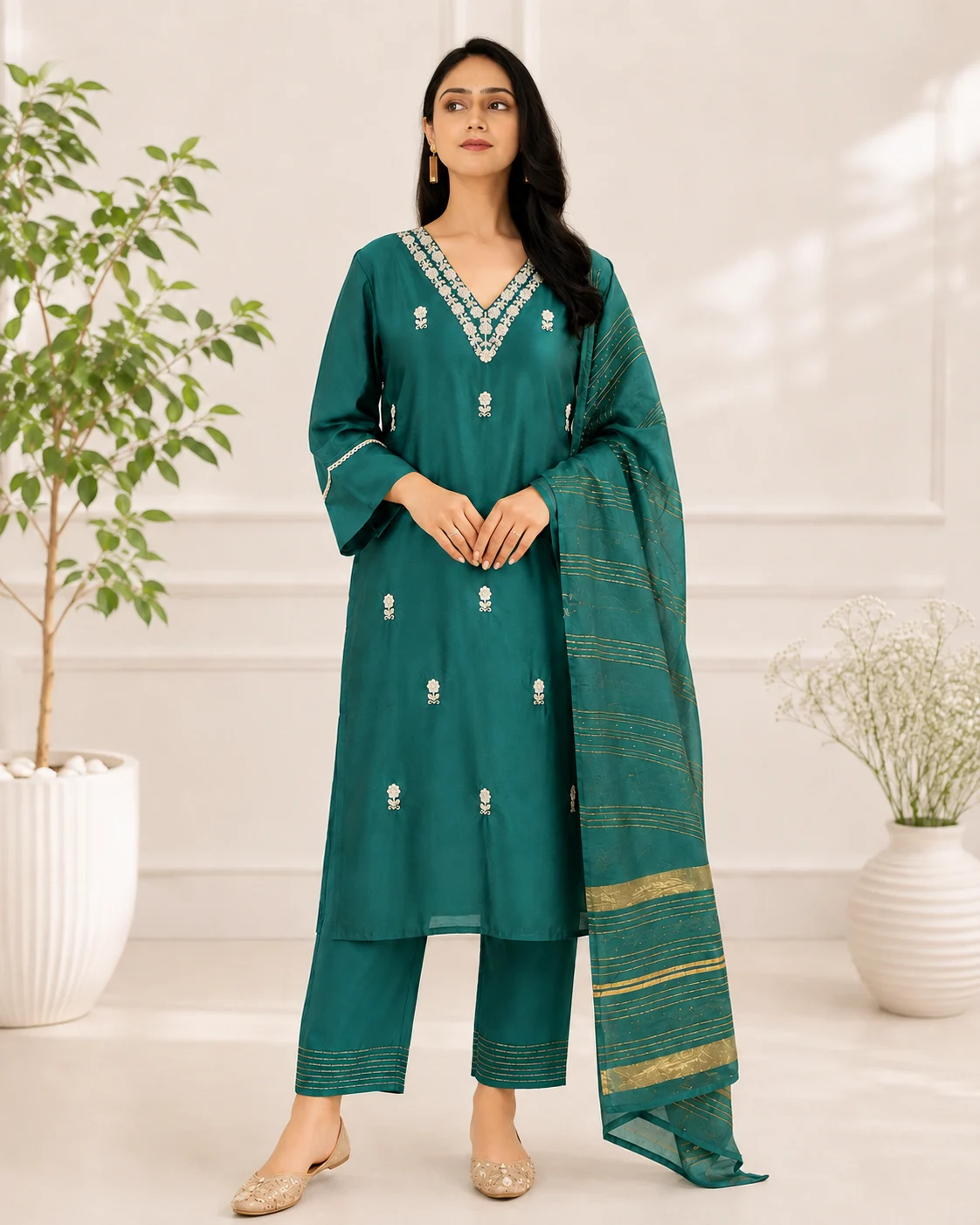 ZUN014_Front Teal Green Embroidered Straight Kurta Set with Woven Dupatta - Image 1
