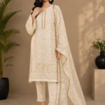 Ivory Embroidered Straight Kurta Set with Organza Dupatta