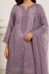 Dusty Lavender Embroidered Straight Kurta Set with Organza Dupatta - Image 2