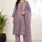 Dusty Lavender Embroidered Straight Kurta Set with Organza Dupatta