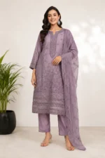 Dusty Lavender Embroidered Straight Kurta Set with Organza Dupatta