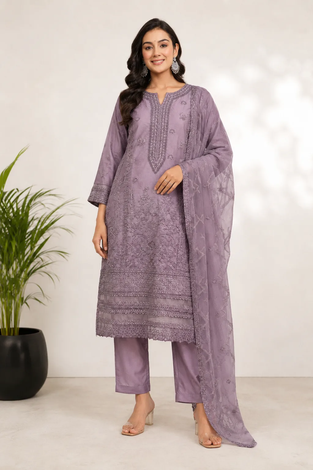 ZUN016_Front Dusty Lavender Embroidered Straight Kurta Set with Organza Dupatta - Image 1