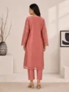Blush Pink Embroidered Straight Kurta Set with Organza Dupatta - Image 3