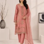 Blush Pink Embroidered Straight Kurta Set with Organza Dupatta