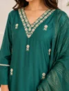 Teal Green Embroidered Straight Kurta Set with Woven Dupatta - Image 3