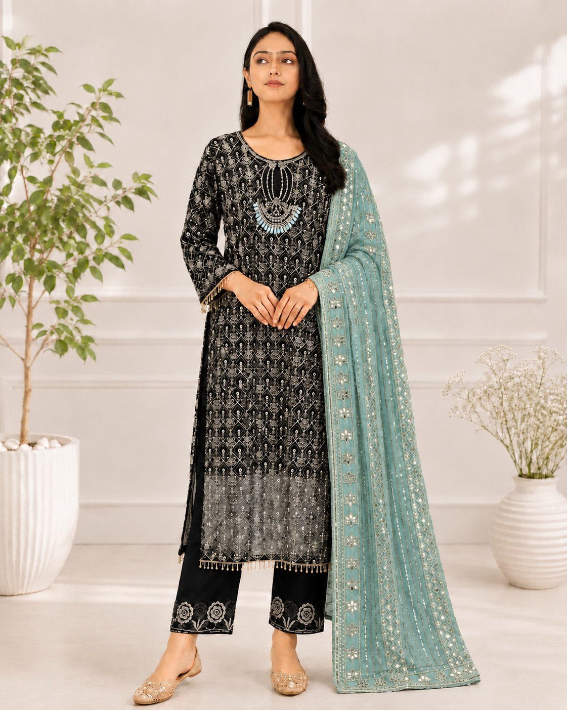 Black & Aqua Embroidered Kurta Set Front Black & Aqua Embroidered Kurta Set - Image 1