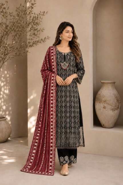 Black & Maroon Embroidered Kurta Set