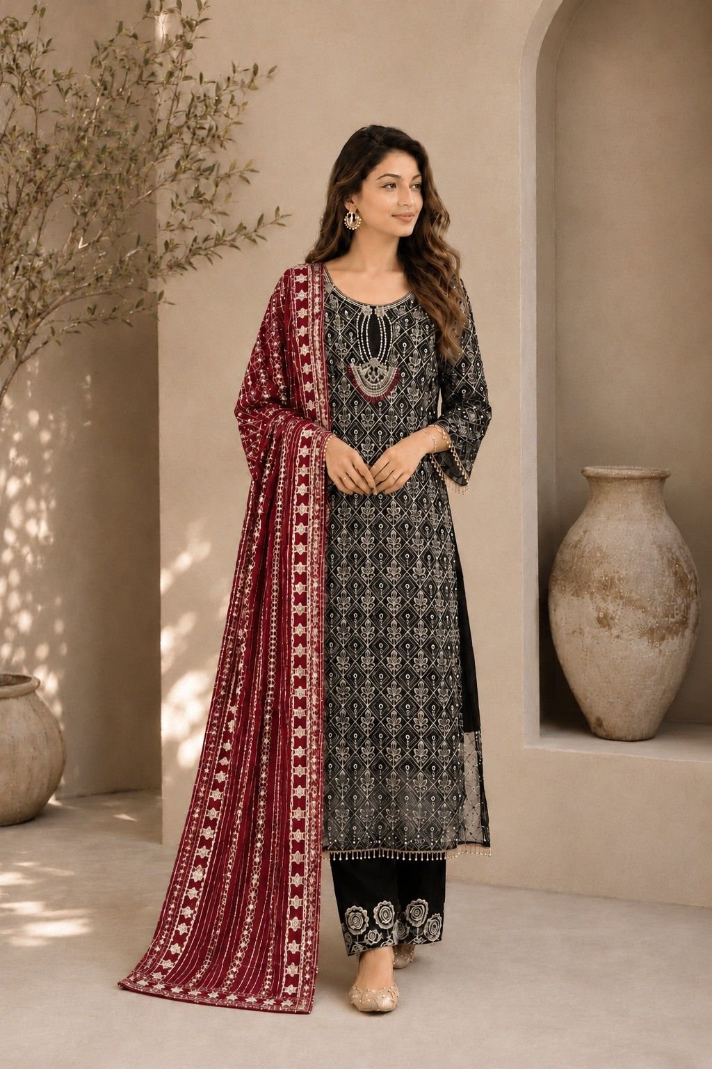 Black Maroon Embroidered Kurta Set Front Black & Maroon Embroidered Kurta Set - Image 1